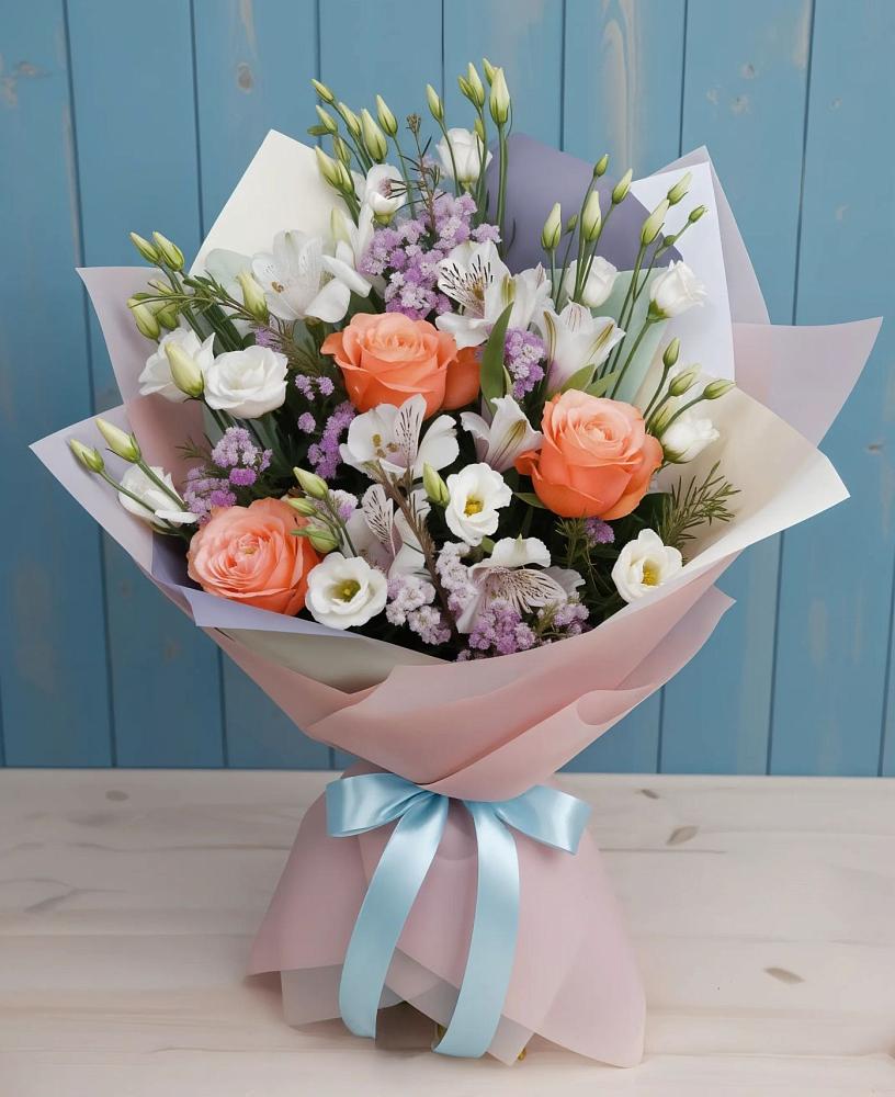 Букет цветов из: Лизиантусы, Розы, Альстромерии и Гипсофила в Каясуле